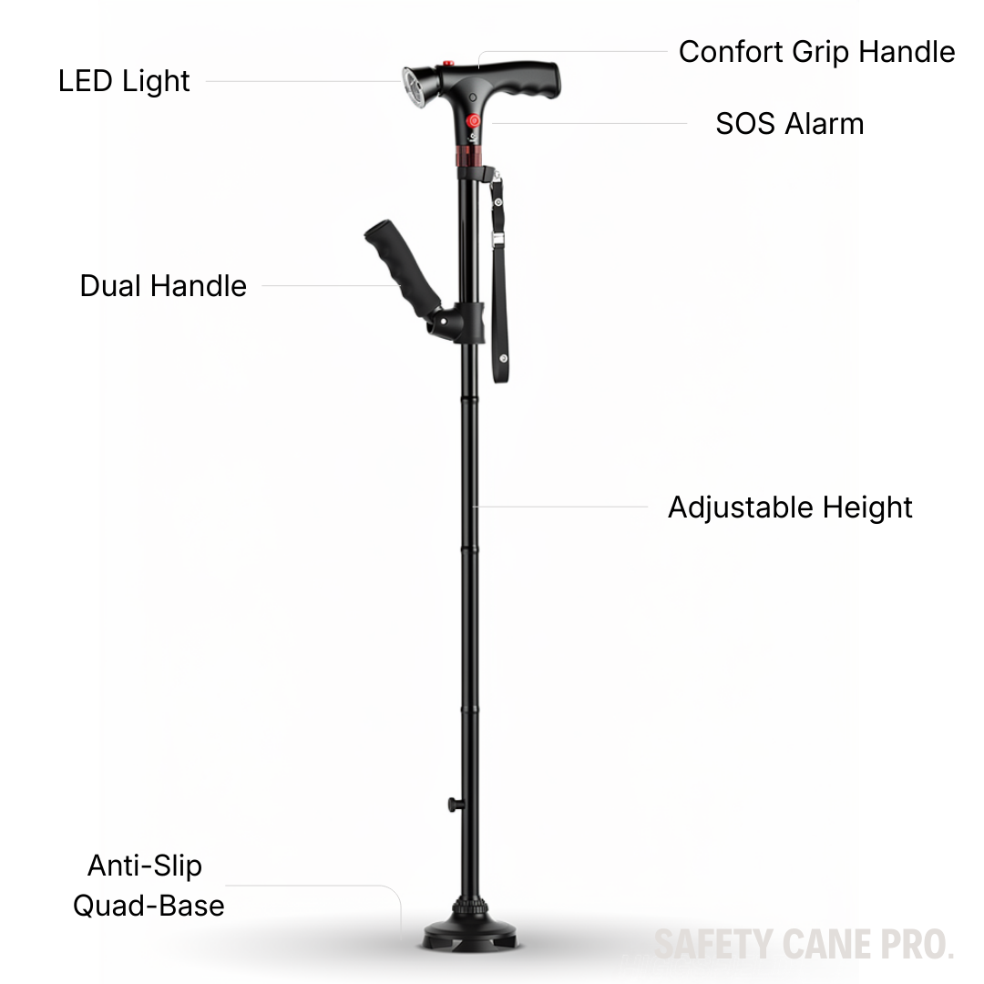 Safety Cane best cane for seniors cane for support and stability, foldable with sturdy base, light, alarm, ergonomic grip, anti-sip base