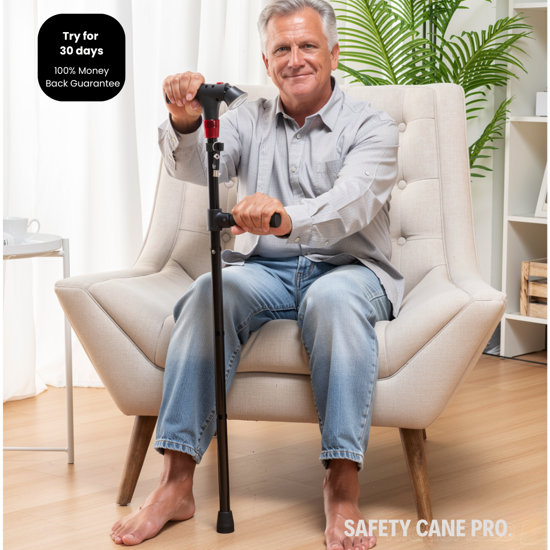 main holding a walking cane with a extra handle 